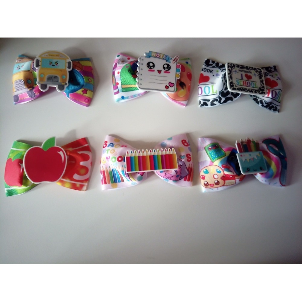 Hair bows For Girls Handmade Set Of 6 School Theme Ribbon Printed
